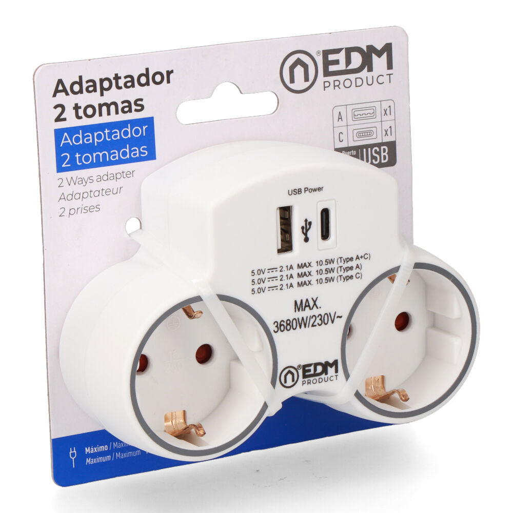 Adaptador 2 tomas 2P+T SCHUKO CON 2 USB (A + C) EDM