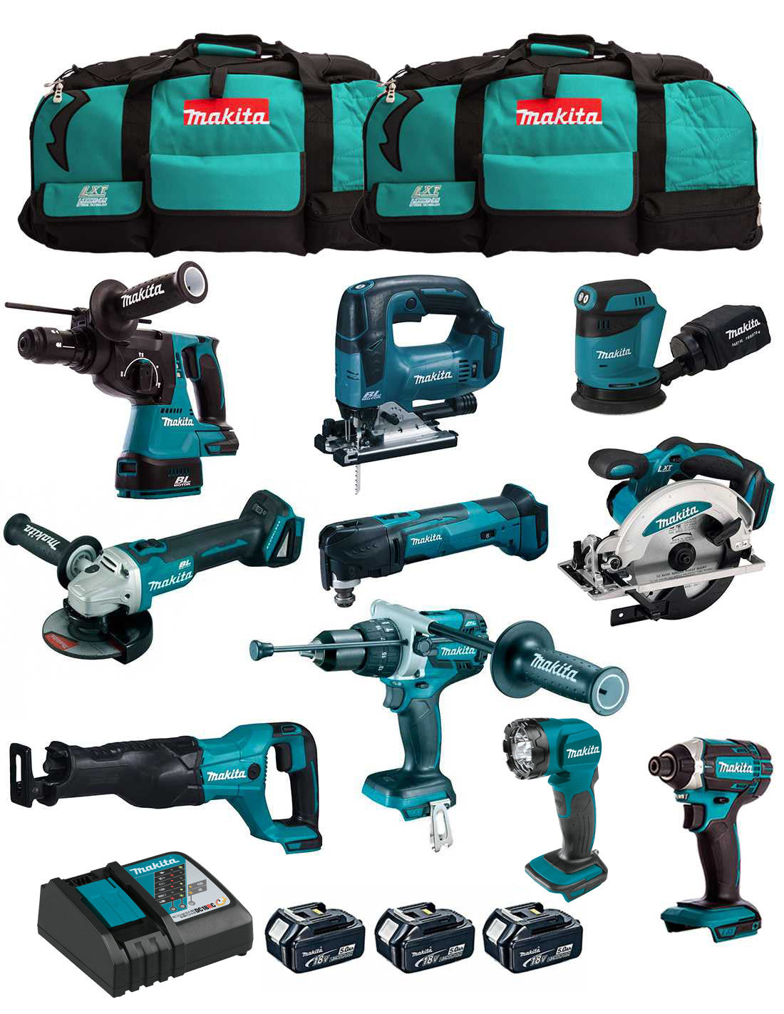 Makita-Set mit 10 Werkzeugen + 3 Schlägern + Ladegerät + 2 Taschen DLX1043BL3