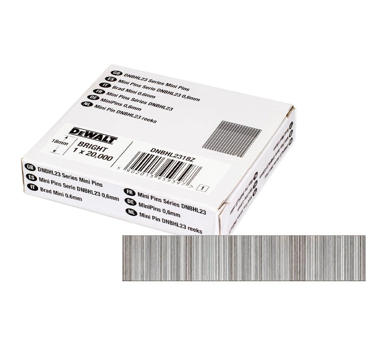 Schachtel mit 20.000 Stück kopflosen Mini-Stiften für den Druckluftnagler Dewalt DNBHL2318Z (0,6 mm x 18 mm)