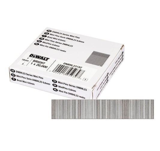 Schachtel mit 20.000 Stück kopflosen Mini-Stiften für den Druckluftnagler Dewalt DNBHL2318Z (0,6 mm x 18 mm)