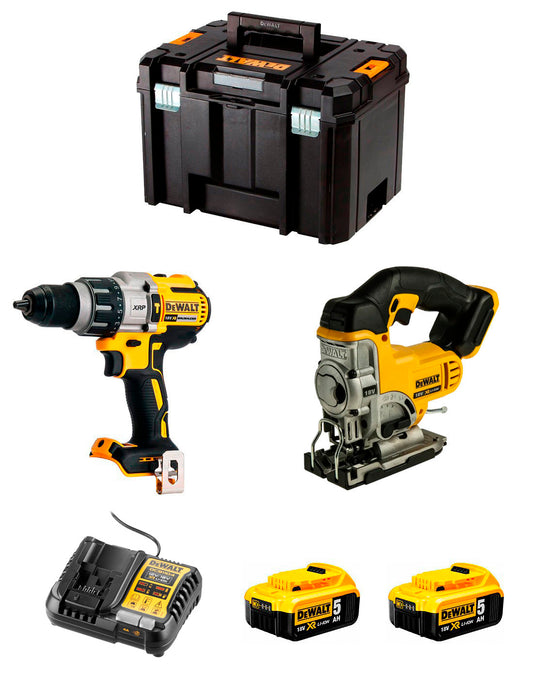 Kit Dewalt Taladro Percutor DCD996 + Sierra de calar DCS331 + 2bat 5Ah + Cargador + TSTAK VI DCK234P2 - Brikum