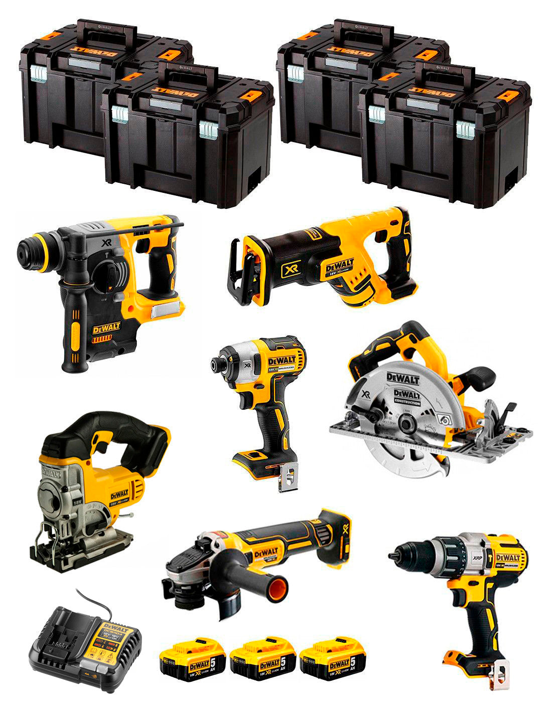 Dewalt Kit 7 Werkzeuge + 3 Bat 5ah + DCB1104 Ladegerät + 4xTstak VI Kit DCK767P3