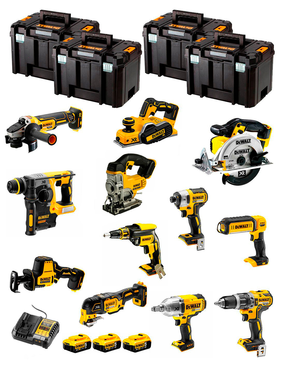 Dewalt Kit 12 Werkzeuge + 3bat 5Ah + DCB1104 Ladegerät + 4xTSTAK DCK129P3