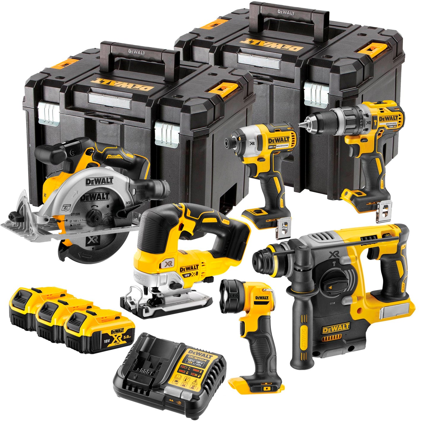 Kit 6 Werkzeuge 18V + 3bat 5Ah + Ladegerät DCB1104 + 2x TSTAK Dewalt DCK690P3T