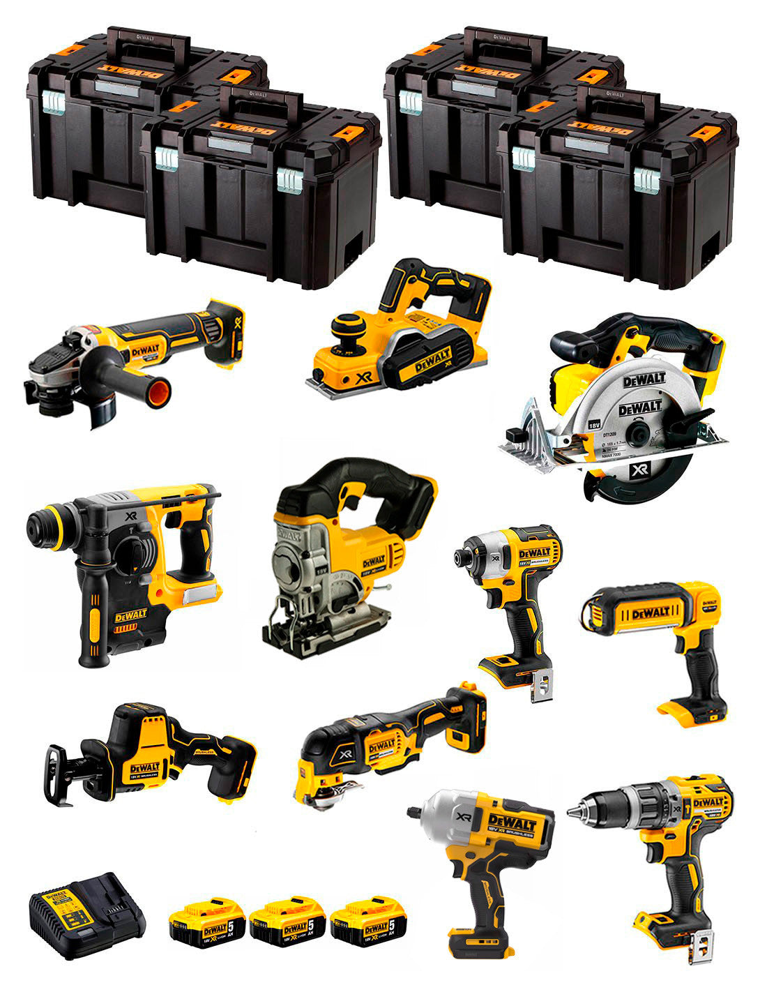 Dewalt Kit 11 Werkzeuge + 3bat 5Ah + DCB115 Ladegerät + 4xTSTAK DCK114P3