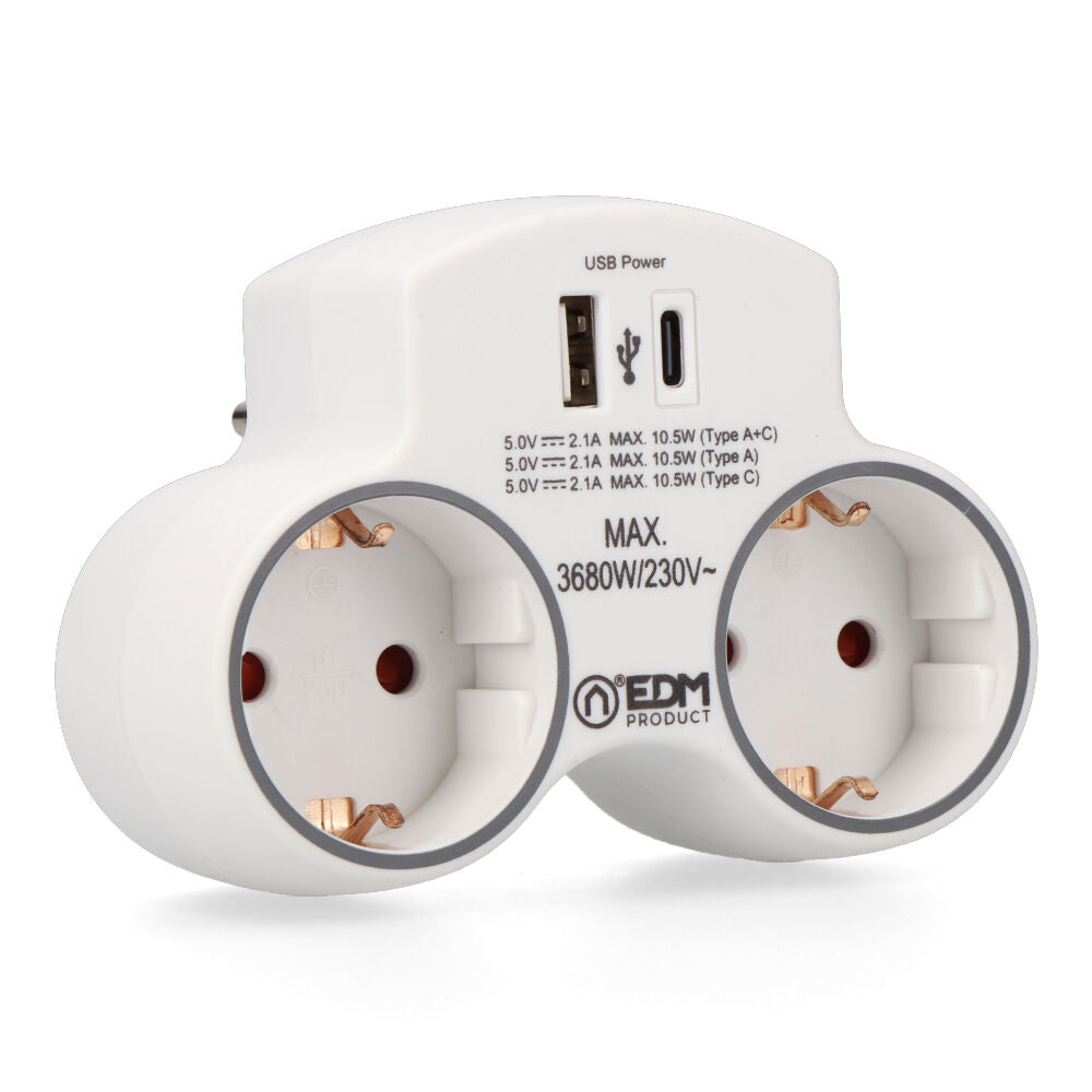 Adaptador 2 tomas 2P+T SCHUKO CON 2 USB (A + C) EDM