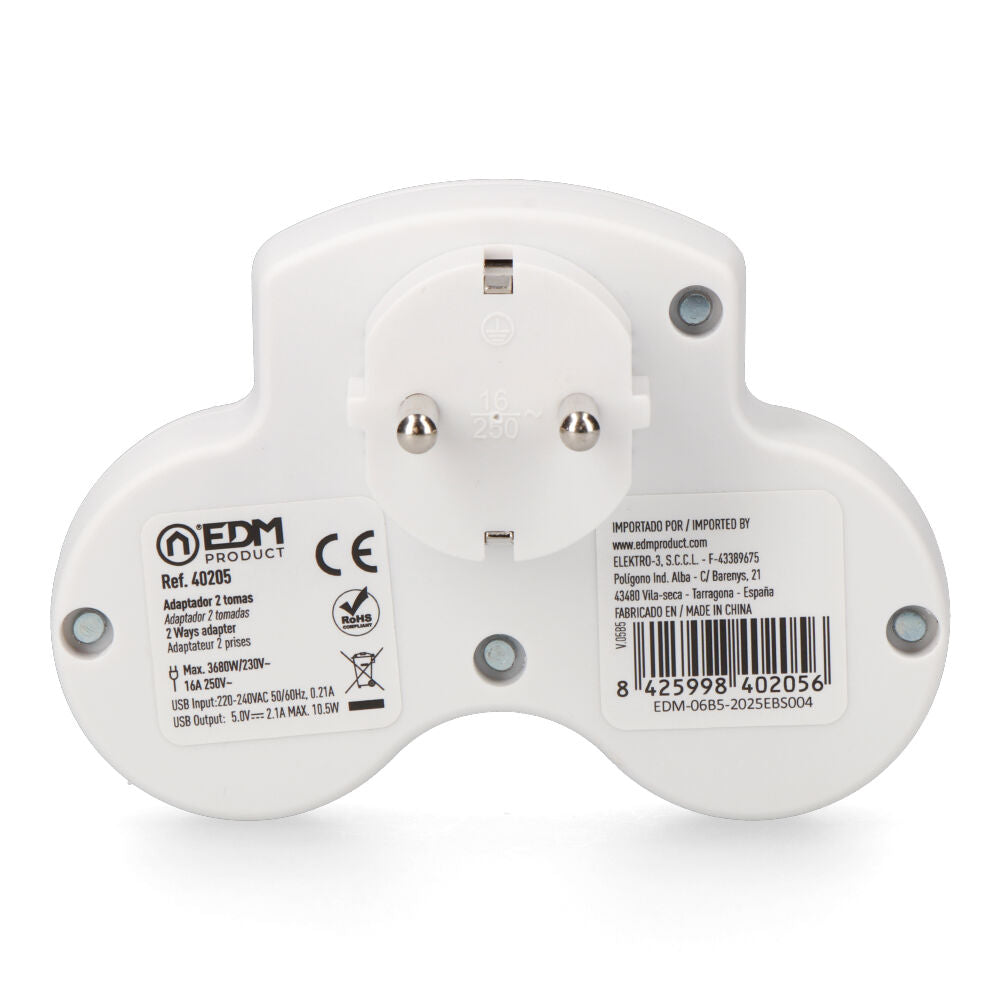 Adaptador 2 tomas 2P+T SCHUKO CON 2 USB (A + C) EDM