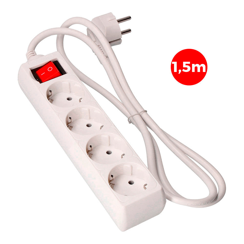 Base múltiple 4 tomas 2P+T con interruptor luminoso, 16A 250 V~ 1,5m de cable H05VV-F 3 G EDM