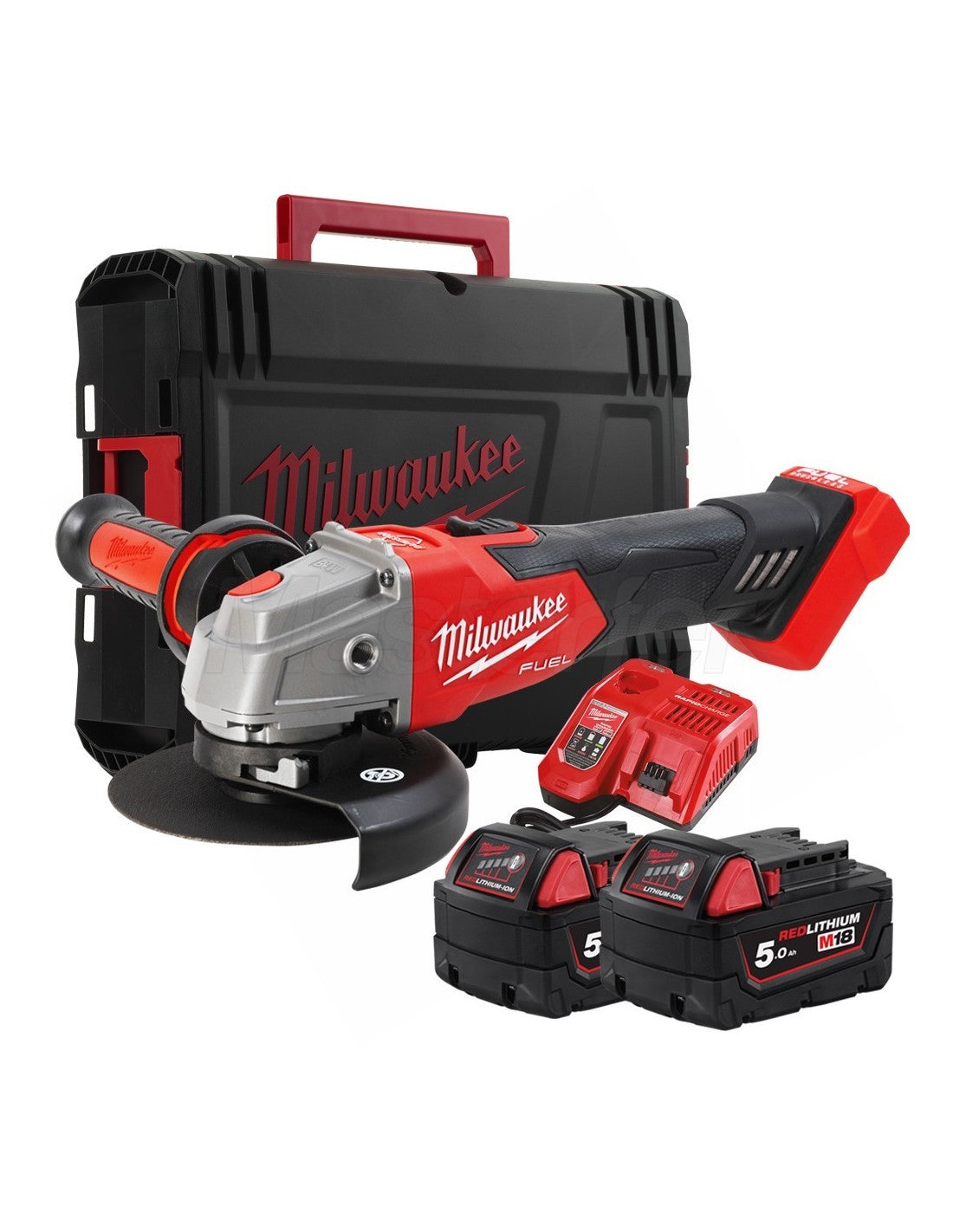Amoladora angular M18 125mm con freno e interruptor de botón + 2bat 5Ah + Cargador + Maltín Milwaukee M18 FSAG125XB-502X