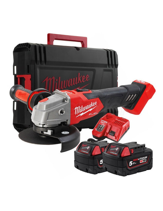 M18-Winkelschleifer 125 mm mit Bremse und Druckschalter + 2 Akkus 5 Ah + Ladegerät + Milwaukee-Koffer M18 FSAG125XB-502X