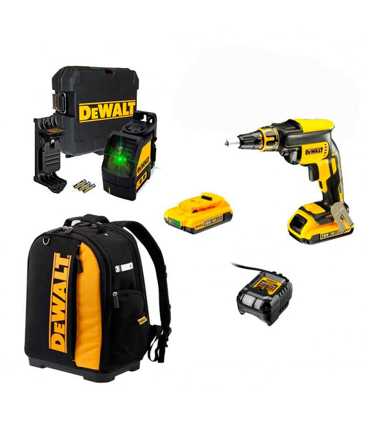 Combo Pladur Schraubendreher DCF620 + 2 Bat 2Ah + Laser DW088CG + Dewalt CPROF593 Rucksack