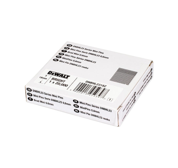 Schachtel mit 20.000 Stück kopflosen Mini-Stiften für den Druckluftnagler Dewalt DNBHL2318Z (0,6 mm x 18 mm)