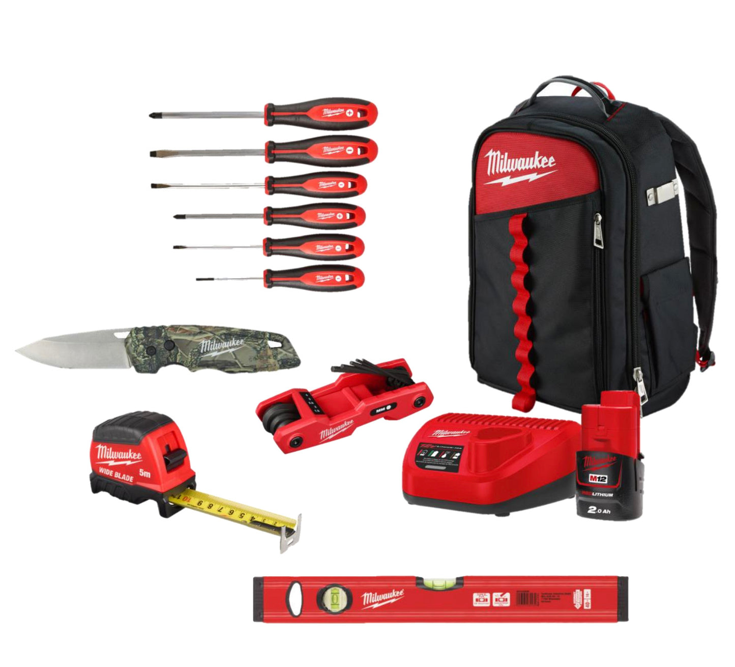 Sonder-Set mit Handwerkzeugen + Ladegerät + Akku + Milwaukee Jobsite-Rucksack