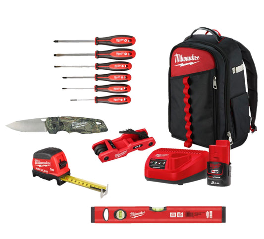 Sonder-Set mit Handwerkzeugen + Ladegerät + Akku + Milwaukee Jobsite-Rucksack