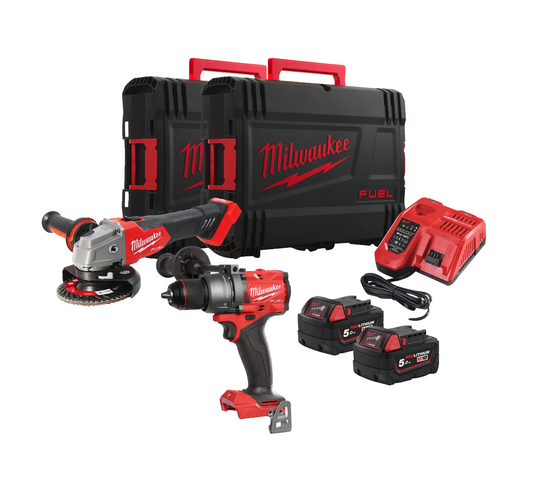 Powerpack Hammerbohrer + Schleifmaschine + 2bat 5Ah + Ladegerät Milwaukee mit 2 Koffern M18 FPP2E3-502X