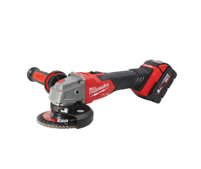 Amoladora angular M18 125mm con freno e interruptor de botón + 2bat 5Ah + Cargador + Maltín Milwaukee M18 FSAG125XB-502X