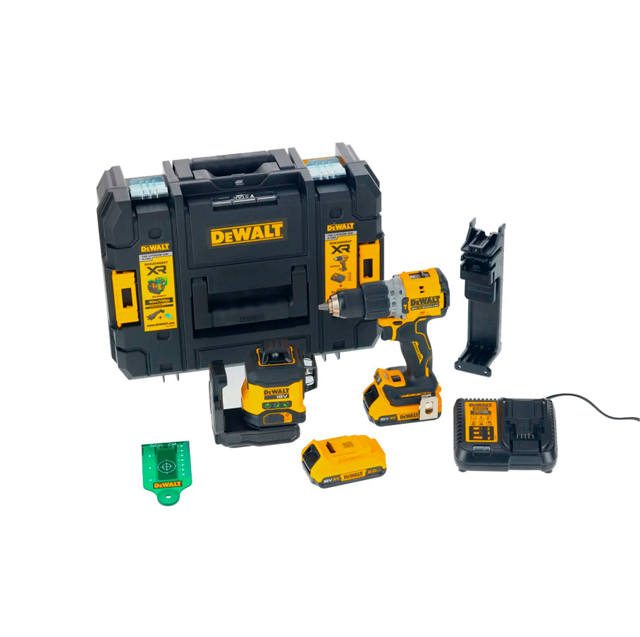 Grünes 3-Linien-360°-Laser-Nivelliergerät XR 18 V + XR 18 V Schlagbohrschrauber + 2 Akkus à 2 Ah + Ladegerät + Koffer, DeWalt DCLE34031N