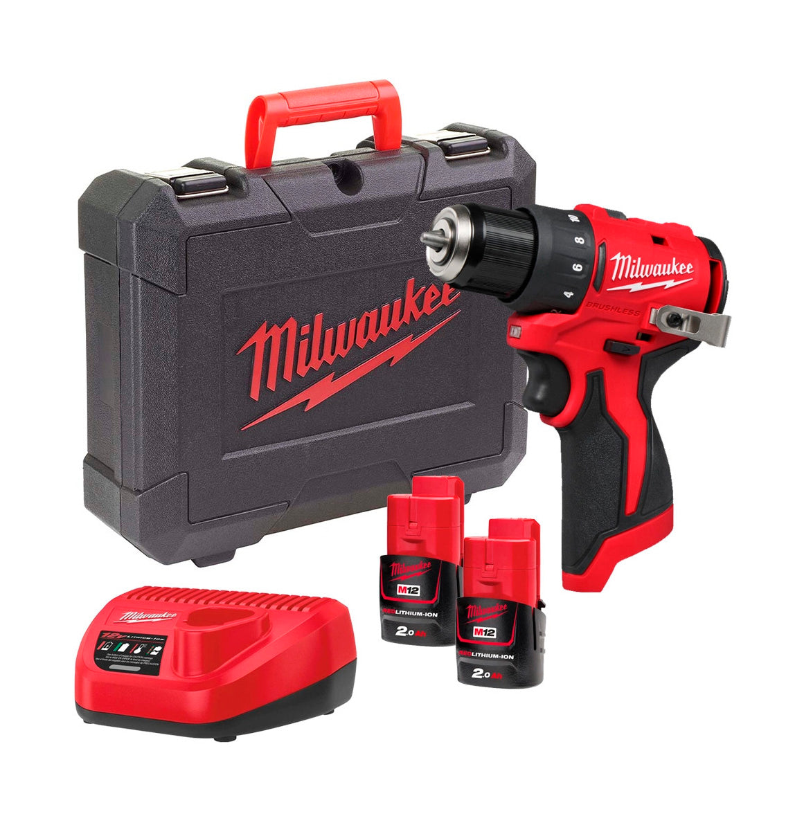 Bohrschrauber + 2 Akkus à 2,0 Ah + Ladegerät + Koffer Milwaukee M12 BLDDRC-202C
