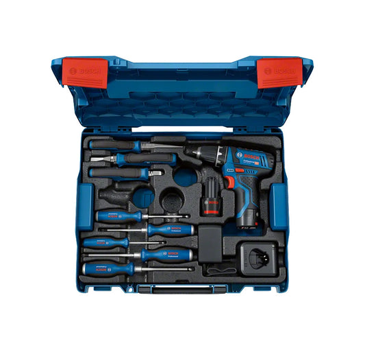 Bosch Pro Set mit GSR 12V-15 Akkuschrauber und Handwerkzeugen